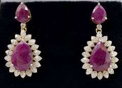 Exquisite 12.00CTW Ruby & 1.78CTW Diamond Earrings on Gold Plated Sterling Silver