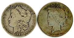 Two Different Types of US Silver Dollar: 1901-S Morgan & 1922 Peace