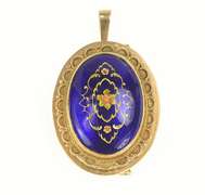 14K Yellow Gold Victorian Royal Blue Floral Enamel Pendant/Pin