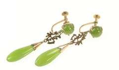 18K Yellow Gold 1960's Nephrite Chinese Screw Back Dangle Earrings