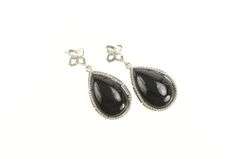 14K White Gold Pear Tear Drop Black Onyx Dangle Statement Earrings