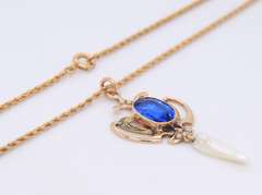Antique Edwardian Synthetic Blue Sapphire and Pearl Pendant on Chain
