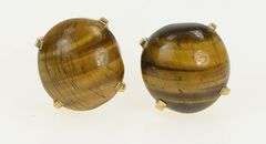 14K Yellow Gold 1960's Oval Tiger's Eye Ornate Stud Earrings