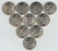 Half Roll of 10 flashy-white BU 1923 Peace Silver Dollars