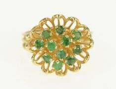 14K Yellow Gold 1960's Emerald Floral Domed Cluster Cocktail Ring