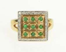 14K Yellow Gold Emerald Diamond Squared Halo Statement Ring