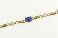 14K Yellow Gold 1960's Lapis Lazuli Pearl Vintage Chain Bracelet