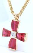 Handsome Yellow Gold Synthetic Ruby and Diamond Cross Pendant on Chain Necklace