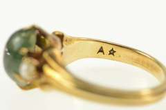 14K Yellow Gold Oval Moss Agate Cabochon Seed Pearl Ring