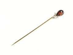 14K Yellow Gold Victorian Tear Drop Garnet Diamond Antique Stick Pin