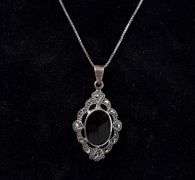 Black Onyx And Marcasite Pendant Necklace In Sterling Silver