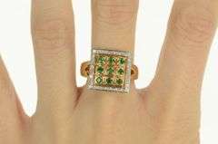 14K Yellow Gold Emerald Diamond Squared Halo Statement Ring