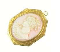 10K Yellow Gold Victorian Ornate Carved Shell Cameo Lady Pendant/Pin