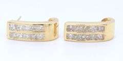 Handsome Yellow Gold Double Row Diamond J Hoop Earrings
