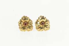 10K Yellow Gold 1960's Ruby Inset Hibiscus Flower Screw Back Earrings