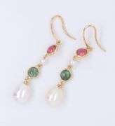 Fresh Water Pearl and Multi Gemstone Dangle Earrings