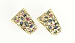 14K Yellow Gold Natural Sapphire Ruby Curved Statement Hoop Earrings