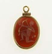 14K Yellow Gold Carved Carnelian Carved Archer Oval Pendant