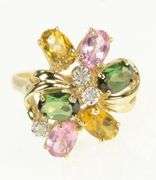 14K Yellow Gold Citrine Diamond Pink Topaz Tsavorite Cluster Ring