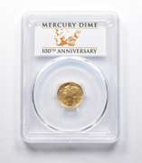 SP70 2016-W Mercury Gold Dime 1/10 Oz 24K Gold 100th Anniv. FS PCGS