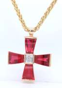 Handsome Yellow Gold Synthetic Ruby and Diamond Cross Pendant on Chain Necklace
