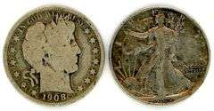 Two Different Silver Half Dollars: 1908-O Barber & 1942-D Walking Liberty