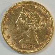Blazing BU 1882 US $5 Liberty Gold Piece. Full strike