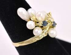 Unique Pearl and Blue Sapphire Ring In 14K Yellow Gold