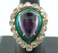 Luscious Teardrop Amethyst Ring with Gold Plated Silver and Mine Cut Diamonds