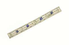 14K White Gold Art Deco Diamond Syn. Sapphire Filigree Bar Pin/Brooch
