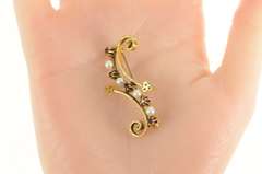 14K Yellow Gold 1940's Ruby Pearl Scroll Swirl Clover Ornate Pendant