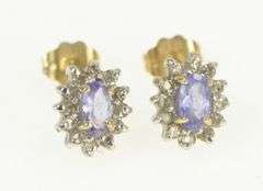 14K Yellow Gold Tanzanite Diamond Halo Vintage Stud Earrings