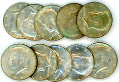 Ten Assorted 40% Silver Kennedy Half Dollars