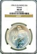 1996-D BU Olympic Tennis Commemorative Silver Dollar in NGC PF69 Ultra Cameo