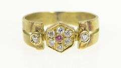 14K Yellow Gold Art Deco Diamond Ruby Ornate Statement Ring