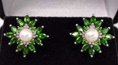 Pearl And Emerald Earrings In Sterling Silver