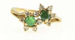 14K Yellow Gold Natural Emerald Diamond Flower Halo Bypass Ring