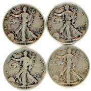 Four Different Walking Liberty Silver Half Dollars: 1941-1944