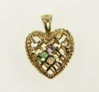 10K Yellow Gold Emerald Opal Amethyst Filigree Heart Love Pendant