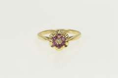 14K Yellow Gold 1960's Diamond Ruby Halo Flower Cluster Ring