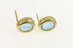 14K Yellow Gold Oval Blue Topaz Solitaire Vintage Stud Earrings