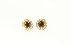 14K Yellow Gold Garnet Retro Flower Vintage Stud Earrings