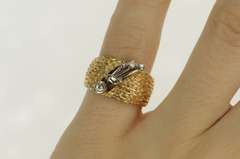 14K Yellow Gold 1940's Diamond Floral Leaf Diamond Cut Band Ring