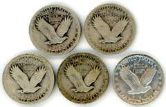Five Different Silver Standing Liberty Quarters: 1926 to 1929-S