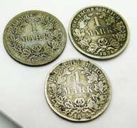 3 German Reich 1 Mark Silver Coins
