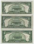 3 Crisp Near CU 1928 Series Small Size $5 Red Seal Notes