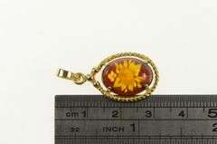 14K Yellow Gold Vintage Ornate Carved Rose Flower Glass Pendant