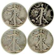 Four Different Walking Liberty Silver Half Dollars: 1942-1945