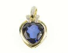 10K Yellow Gold Pear Syn. Sapphire Diamond Vintage Statement Pendant