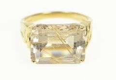 14K Yellow Gold Emerald Cut Rutilated Quartz Ornate Cocktail Ring